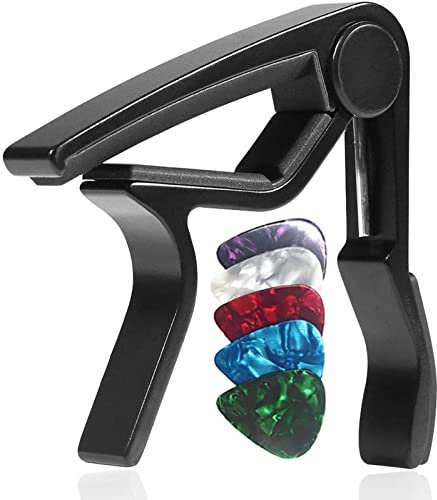 WINGO Kapodaster für 6-Saiter Westerngitarre Akustikgitarre E-Gitarre und Ukulele, Gitarre Capo mit 5 Plektren, Schwarz