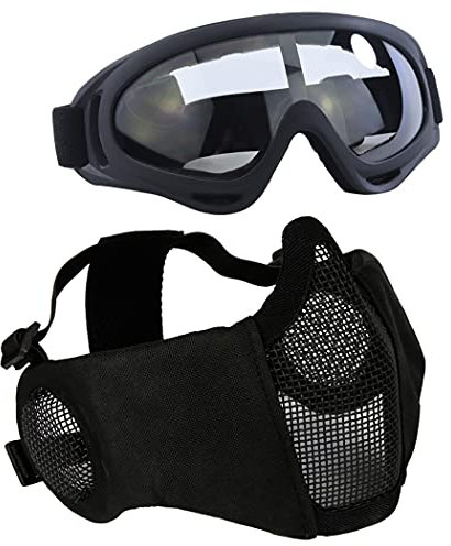 AOUTACC Airsoft-Maske mit taktischer Schutzbrille,Airsoft Maske mit Gehörschutz, Protective Gear Set für Erwachsene Männer Frauen Paintball Schießen CS-Schwarz