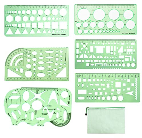 Set med 6 geometriska mallar 1–18 cm, grön plast, genomskinliga, flera geometriska former, ritning, målning, arkitektmått, skola, med A5-dragkedja