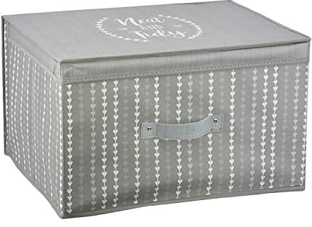 The Magic Toy Shop Large Foldable Storage Box with Lid - Grey Fabric with Heart Pattern - Collapsible & Decorative Organiser for Clothes, Bedding, Toys, and More - Home & Office Storage 50x30x40cm
