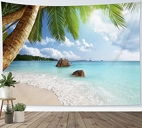 LB 200x150cm Wandteppich Blaues Meer Wandtuch Grüne Palme am Strand Wandbehang Insel landschaft Tapisserie für Wohnzimmer Schlafzimmer Wohnheim Wanddeko
