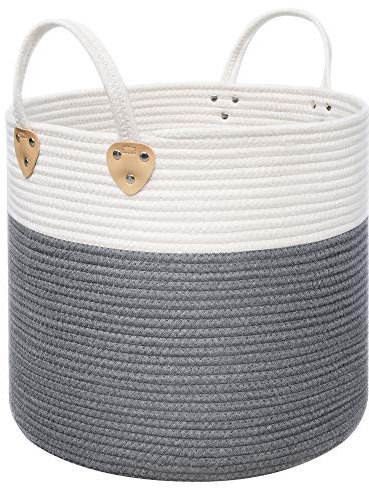 SONGMICS Baumwollseilkorb, Wäschekorb mit Griffen, Wäschekorb aus Baumwolle, 50 L, für Spielzeug, Kleidung, Decken, Wohnzimmer und Schlafzimmer, 40 x 35 cm (Ø x H), grau-beige LCB441G01