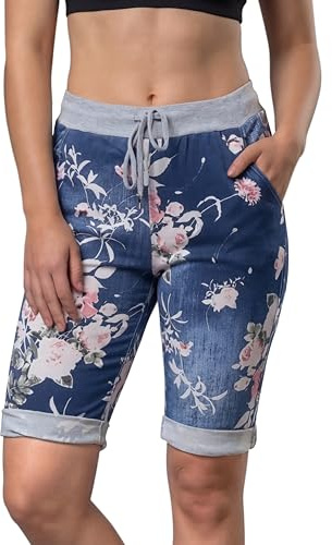 Love My Fashions® Womens Italian Shorts Floral & Tiedye Print 3/4 Cropped Capri Trousers with Side Pockets Elasticated Drawstring Knee Length Turn Up Summer Magic Shorts for Ladies