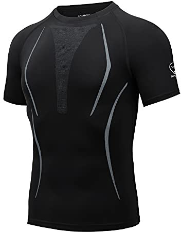 AMZSPORT Herren Kompressionsshirt Kurzarm Atmungsaktiv Funktionsshirt für Fitness Workout Laufen, Schwarz L