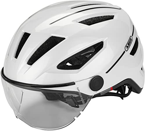 ABUS Stadthelm Pedelec 2.0 ACE - Fahrradhelm mit Rücklicht, Visier, Regenhaube, Ohrenschutz - für Damen und Herren - Weiß Glänzend, Größe M