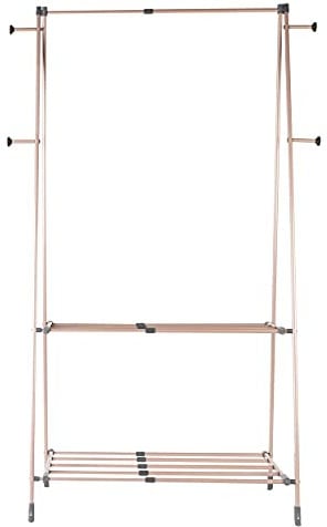 Beldray LA086174EU7 Clothing Garment Rack With Shelves - Freestanding Hanging Clothes Rail, 92cm Extendable Coat Rack, Foldable Twin Pole With 4 Side Hooks & 2-Tier Storage Shelf, Grey/Rose Gold