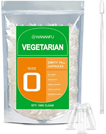 WANANFU Gélules vides végétales taille 0 (1000 unités) avec micro cuillère avec tasseur de poudres, compatibles avec la machine de remplissage de capsules 0