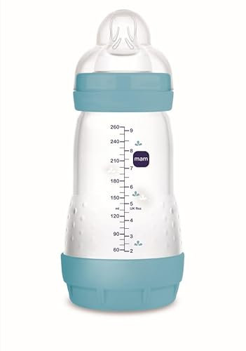 MAM Anti-Colic Bottle, 2-4 Months, 260 ml, with Teat 2 Medium Flow Silicone Easy Acceptance, Self-Sterilizable and Easy to Clean, Easy Start Anti-Colic, Matte Blue, Pack of 1