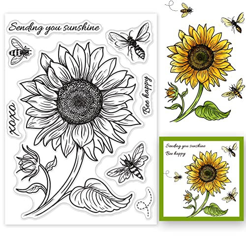 GLOBLELAND Biene Sonnenblume Klarer Gummistempel, Blumen Hintergrundbild Silikonstempel transparent, Stempel für Papierkartenalben