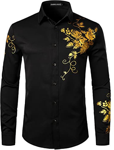 PARKLEES Men's Hipster Rose Floral Print Design Slim Fit Long Sleeve Button Up Party Dress Shirt Black Gold L