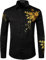 PARKLEES Men's Hipster Rose Floral Print Design Slim Fit Long Sleeve Button Up Party Dress Shirt Black Gold L