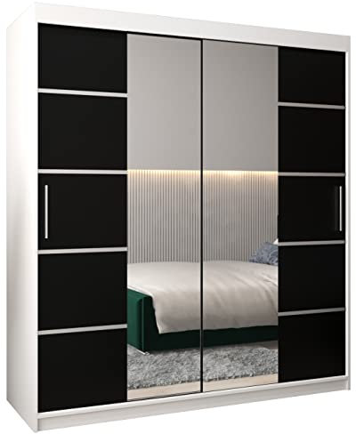 ABIKSMEBLE Verona 4 180 Armario 2 Puertas Correderas para Dormitorio - Armario Moderno con Espejo, Barra y Estantes - 180x200x62 cm (Ancho x Alto x Fondo) - Bianco Mate + Negro Mate