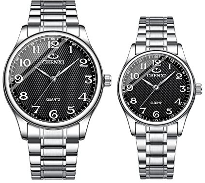 JewelryWe Paar Uhren Analog Quarz 30M Wasserdicht Pärchen Armbanduhr Klassisch Einfach Edelstahl Armband Partner Freundschaft Uhr mit Digital Zifferblatt & Uhrenwerkzeug Schwarz