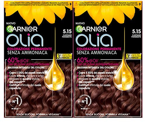 Garnier Olia Tinte permanente para el cabello sin amoníaco con aceites florales de origen natural con acción iluminadora y nutritiva, color 5.15 marrón oscuro - 2 paquetes