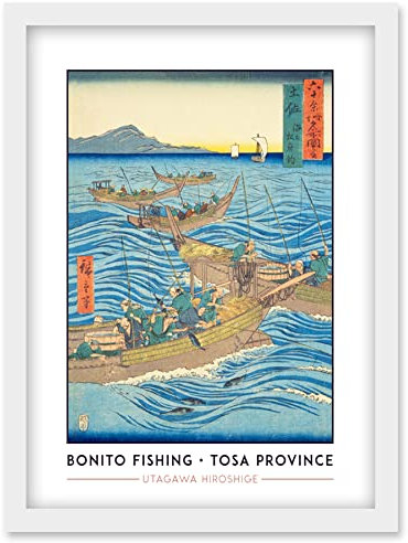 Wee Blue Coo Bonito Fishing at Sea Tosa Province Utagawa Hiroshige Japanese Woodblock Classic Collection Artwork Framed Wall Art Print A4