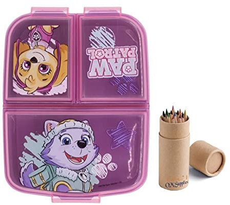 OM SUPPLIES Patrol Girl Reusable Sandwich Lunch Box 3 Multi Compartment Kids Children School Includes Half Size 12pcs Pencil Set (Patrol Girl)