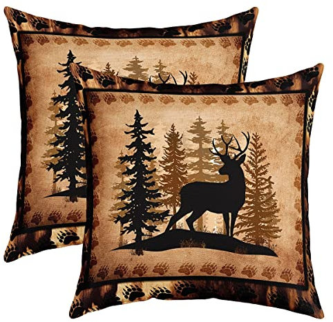 Süße Hirsch Kissenbezüge 50x50cm 2er Set Kissenbezüge Weich für Mädchen Jungen Kinder Hirsch Jagd Sofakissen Couchkissen Bär Pfote Drucken BaumKissenbezug Kissenhülle Exotisch Style Braun Dekokissens
