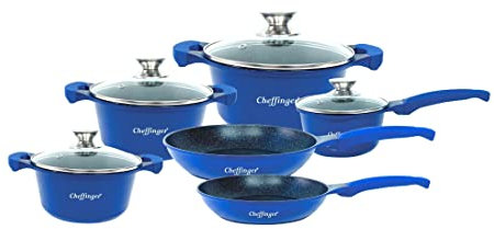 10-Teilig Kochgeschirr-Set Topf Induktion Alu Guss Pfanne Topfset Kochtopfset Marmor Blau