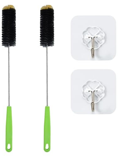 2 cepillos para botellas de vino con 2 ganchos, cepillo largo de limpieza de botellas, cepillo de limpieza flexible para limpiar botellas de cerveza, tazas de té, botellas de agua, botellas de vino