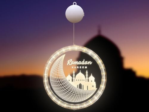 Kellegour 24cm Eid Ramadan Dekorative Fenster Lichter,LED Muslim Ramadan Lichterkette,Eid Ramadan Lichterkette LED,Mond und Schloss Islam Mubarak Dekoration,für Außenbereich,Innen Party Deko,Warmweiß