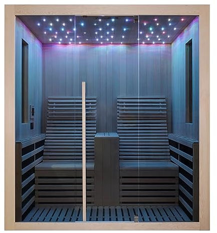 Cabine infrarouge sauna infrarouge Carbon 2, pour 2 personnes, avec éclairage LED starlight, lecteur MP3 avec Bluetooth, 14 plaques chauffantes en carbone, sièges relaxation