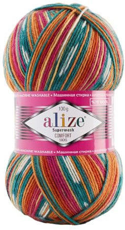 100g Sockenwolle Superwash Comfort 4-fädig Schurwolle Sockengarn Farbauswahl, Farbe:7839 grün pink tera