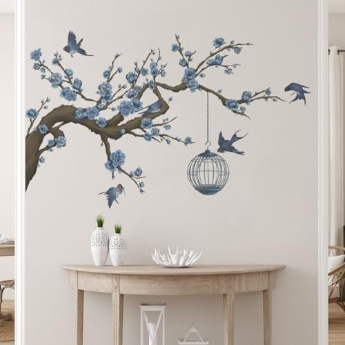Runtoo Wandtattoo Baum Ast Wandsticker Blumen Blüten Blau Vögel Wandaufkleber Wohnzimmer Schlafzimmer Kinderzimmer Babyzimmer Wanddeko
