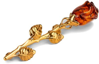 HENRYKA Broche de rosa en plata de ley 925 maciza, chapado en oro de 24 quilates y ámbar báltico auténtico, joyería de flores para mujer, regalo para madre, hermana y abuela, Plata Plata Ámbar, Ámbar