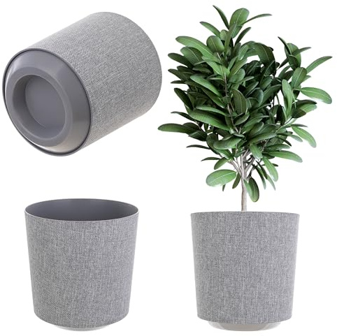 KADAX Dekorativer Übertopf, Runder Pflanztopf, Blumentopf aus Kunststoff, Pflanzentopf für Anbau von Pflanzen, Kräutertopf für Innen und Außenbereich (Grau, 30cm)