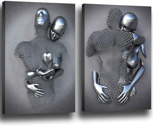 JNAOZI 3D Metall Figur Statue Leinwand Gemälde Liebe Umarmung Poster Liebhaber Skulptur Poster Abstrakt Leinwand Bilder Poster,Rahmenlos (Poster-02,30x40cm*2Pcs)
