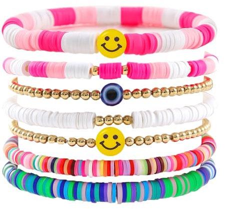 7 Stück Inspiriertes Freundschaftsbänder, Böhmen Stretch Armbänder, Buntes Perlen Stretch Armband Wunderschöner Sommer Strand Perlen Set Schmuck