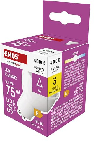 EMOS - LED Lampe Spot, 5,8 W Ersatz für 75 W Halogenlampe - MR16 Reflektorlampe mit GU10 Sockel - Helligkeit 565 lm Neutralweiß 4000 K - 30000 h Lebensdauer, CRI min. 80, 36° Abstrahlwinkel - Weiß