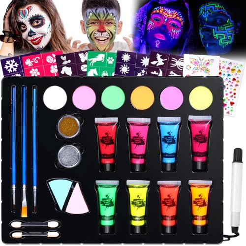 Janolia Pintacaras Infantil, 14 Colores UV Fluorescente Pinturas Cara para Niños con 3 Pinceles, Pintura Cara Niños Hipoalergenica, Neon Pintura Facial y Corporal Seguridad Halloween Fiesta Carnaval