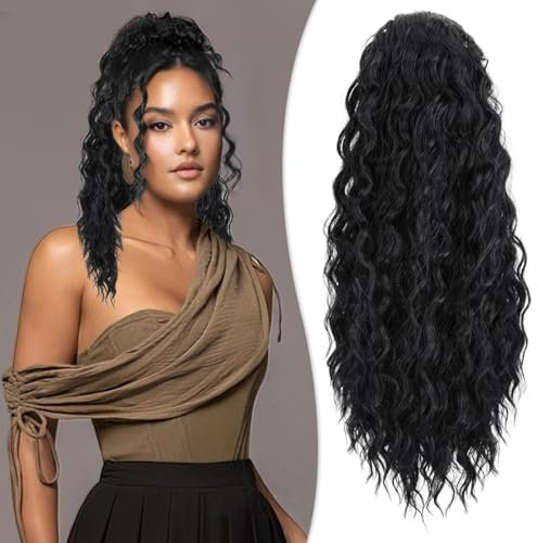 RUWISS Haarteil Natürlich Schwarz Lockig Pferdeschwanz, 50cm Clip in Gewellt Ponytail Extension Lang Pferdeschwanz Zopf Extensions Synthetik Haarverlängerung für Frauen Damen