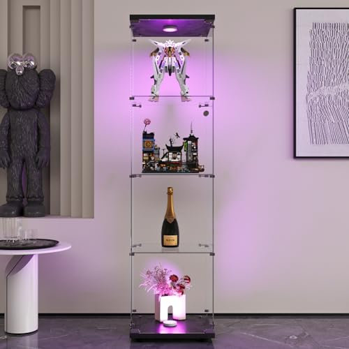 DADEA Glasvitrine 4 Ablagen, Glasvitrine Schrank mit Tür, Glasvitrine mit Beleuchtung und Schloss, 164 x 42 x 36 cm Modern Glas Vitrine für Antik Sammlerstücke Bücher (Schwarz, 1 Tür + Licht)