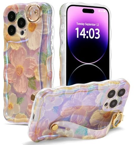 EYZUTAK Case with Hand Strap for iPhone 14 Pro, Colorful Oil Painting Flower With Wristband Kickstand Laser Curly Wave Edge Phone Cover Stylish Durable TPU Protective Case for Women - Pink