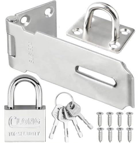Litensh 3 Inch Loquet Porte Acier Inoxydable avec Cadenas Agrafe, Verrou Porte Loquet de Sécurité Loquet de Cadenas Agrafe Porte Fermoir Moraillon De Verrou pour Chambre à Coucher Garage argent
