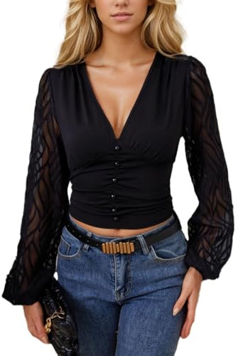 EMOTTOS Women's Sexy Long Sleeves Tops, Slim Fit Crop Tops V-Neck Y2K with Chiffon Translucent Lantern Sleeve, Ladies Top with Decorative Buttons, Black, M