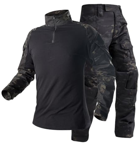 Oanviso Homme 2 Pièces Tactique de Camouflage Costume Vêtements Tactique Uniforme Militaire Randonnée Chemise de Combat et Cargo Pantalon pour Paintball Chasse B Noir L