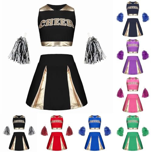 Mädchen Karneval Kostüm,Cheerleader Kostüm Kinder,Cheer Outfit Mit Crop Top,Skirt,Pompoms Mittelschule Cheerleading Uniform,01 Schwarz,130