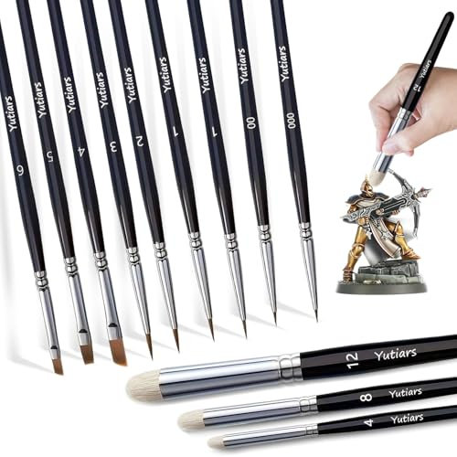 Drybrush Lot de 12 pinceaux miniatures - Brosse sèche - Poils de chèvre - Pinceaux fins pour peinture miniature et aquarelle