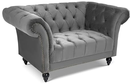 Bravich Chesterfield Velvet Armchair, Grey Single Sofa Chair for Living Room, Classic Button Back Arm Chair with Rolled Arms, Solid Wood Frame, 145cm x 56cm x 82cm