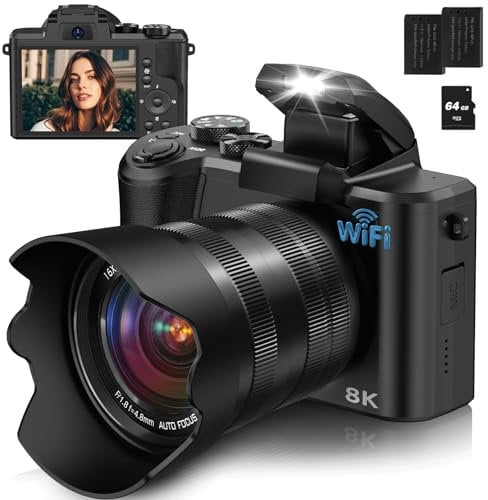 8K WiFi Digital Camera for Photography, 88MP Auto Focus Vlogging Camera for YouTube with Dual Cameras, Compact Travel Camera with 2 Batteries, Memory Card, Flashlight