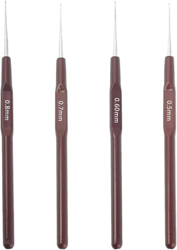 4 Stück Spitze Leichte Häkelnadel, Kleine Größe Häkeln Set, 0,5+0,6+0,7+0,8 mm, Mini Häkelnadeln Set, Häkelnadel mit Kaffeebraun Griff, für Anfänger Garn und Gewinde