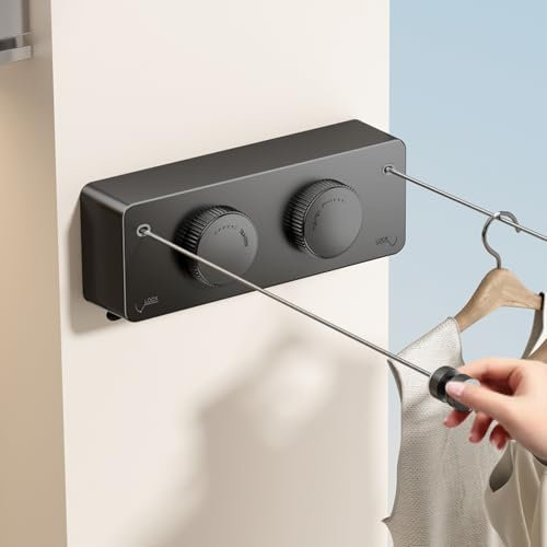 MUSTORN Wäscheleine Ausziehbar Draußen, Nicht Schlaff Doppelseil Einziehbar Wäscheleine Balkon Innenbereich Ausziehbare zum Trocknen von Wäsche Wand Zwei Linien Edelstahlseil- 4.2 m (Schwarz)