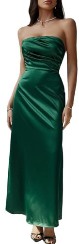 Wellwits Women's Satin Strapless Ruched Bodice Flowy Long Evening Gown Dark Green M