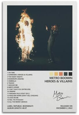 owengo Metro Boomin – Helden und Bösewichte Poster, Popmusik-Album-Cover, Wandkunst, Leinwanddruck für Wanddekoration, 20 x 30 cm, ungerahmter Stil