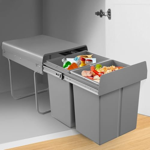 Dibaful Mülleimer 2 Fächer Ausziehbar Abfallsammler | Tandem Abfalleimer für Unterschrank ab 400 mm Breite | Einbaumülleimer mit Teleskopschienen für Schrank Küche 2 x 20L