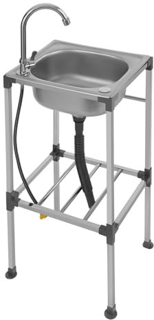 Czyurachel Lavabo móvil, 38 x 33 x 83 cm, cocina exterior de acero inoxidable, fregadero con armario inferior, grifo giratorio de 360°, fregadero de camping, lavabo de jardín para restaurante