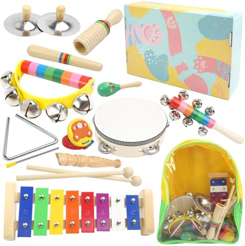 Kids Musical Instruments, Musical Toys Wooden Toys | Rainbow Colors Percussion Instruments Baby Drum Kit with a Transparent Storage Backpack for Toddlers Boys Girls Gift